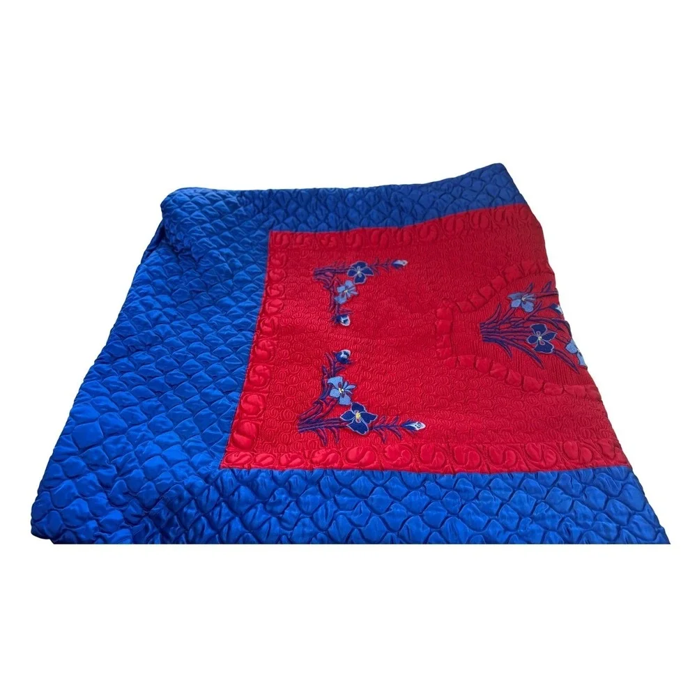 Vintage Asian Quilted Embroidered Duvet Cover‎ Set of 2 Red Blue Floral Boho VTG